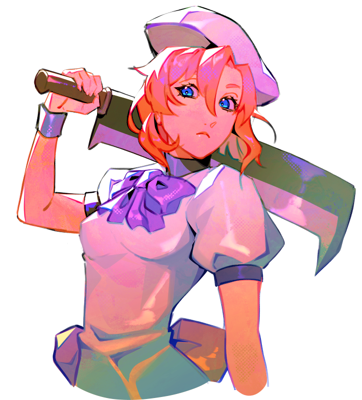 1girl, blue_eyes, bow, breasts, closed_mouth, crocrubies, dress, hat