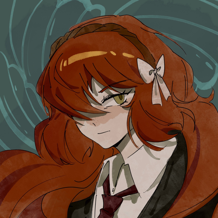 1girl, aqua_background, black_jacket, bow, closed_mouth, collared_shirt, formal_clothes, freckles, green_eyes, hair_bow, hairband, highres, ishmael_(project_moon), jacket, limbus_company, long_hair, necktie, one_eye_covered, orange_hair, portrait, project_moon, red_necktie, shirt, solo, two_foxes_met, white_shirt