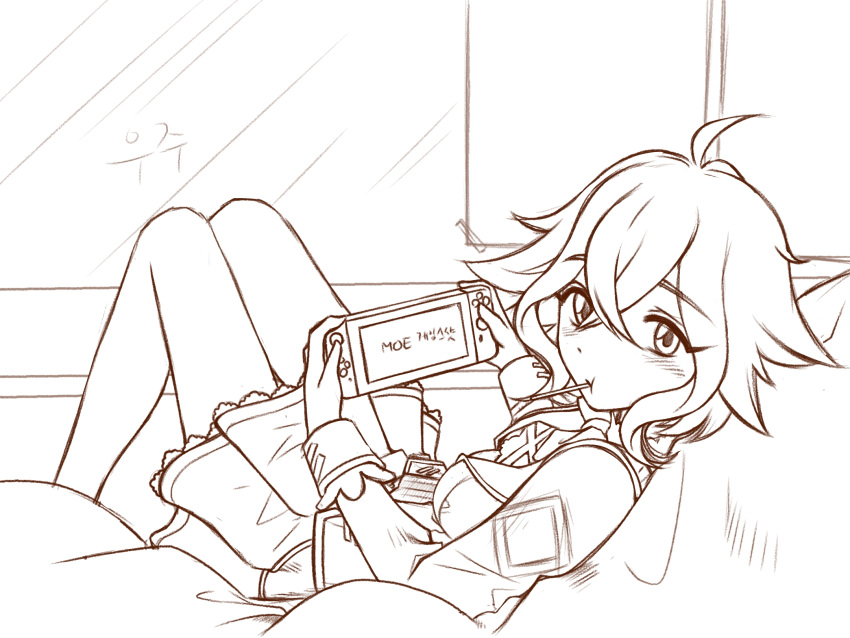1girl, :t, ahoge, banghwadongjopidi, blush, breasts, commentary, dot_nose, from_side, hair_between_eyes, handheld_game_console, highres, holding, holding_handheld_game_console, indoors, knees_up, korean_commentary, korean_text, lineart, lita_(master_of_eternity), long_sleeves, looking_at_viewer, lying, master_of_eternity, medibang_paint_(medium), monochrome, mouth_hold, nintendo_switch, on_back, playing_games, school_uniform, short_hair, sidelocks, sketch, small_breasts, solo, translation_request, unfinished, window