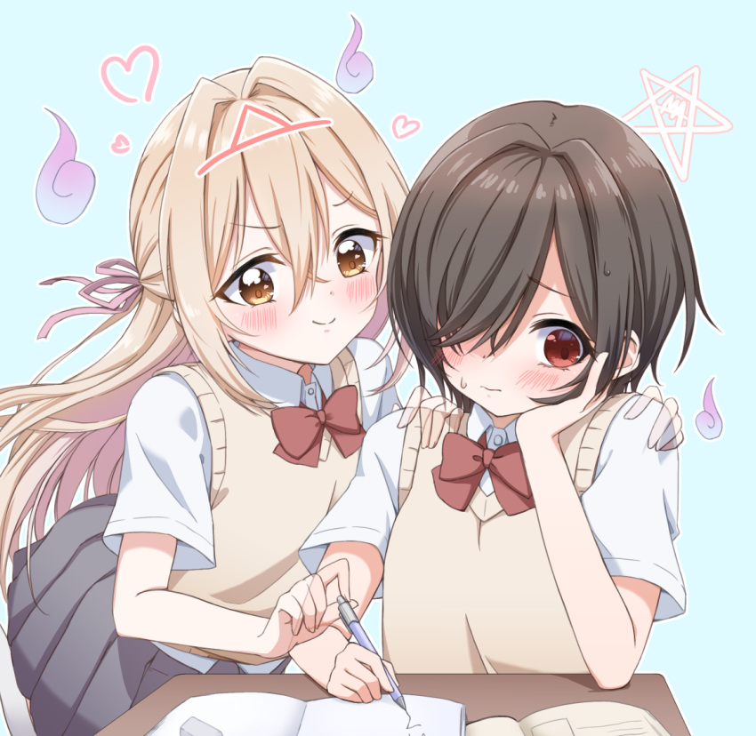 2girls, aizawa_honami, black_hair, blonde_hair, blush, bow, bowtie, closed_mouth, collared_shirt, commentary, desk, dress_shirt, extra_hands, furrowed_brow, ghost, ghost_girl, grey_skirt, hair_over_one_eye, hair_ribbon, half_updo, hands_on_another's_shoulders, heart, hidarikata, hitodama, holding, holding_pen, kurotori_michi, long_hair, mietemasu_yo!_aizawa-san, multiple_girls, nervous_sweating, notebook, pen, pentagram, pleated_skirt, red_bow, red_bowtie, red_eyes, ribbon, school_desk, school_uniform, semi-transparent, shirt, short_hair, short_sleeves, skirt, smile, sweat, sweater_vest, triangular_headpiece, v-shaped_eyebrows, white_shirt, yellow_eyes
