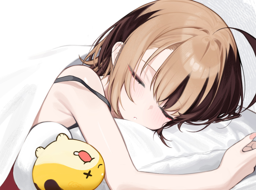 1girl, ahoge, bare_arms, bare_shoulders, blanket, blush, brown_hair, closed_eyes