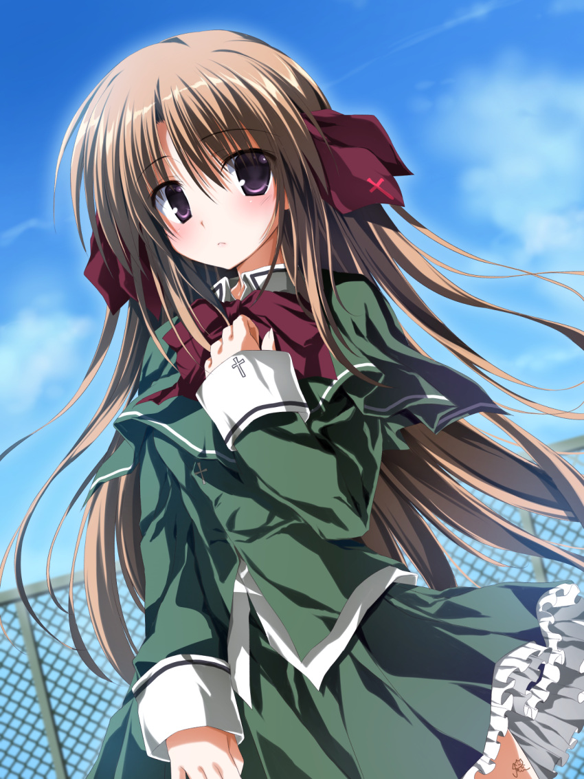 1girl, blue_sky, bow, bowtie, brown_hair, capelet, chaamii, closed_mouth