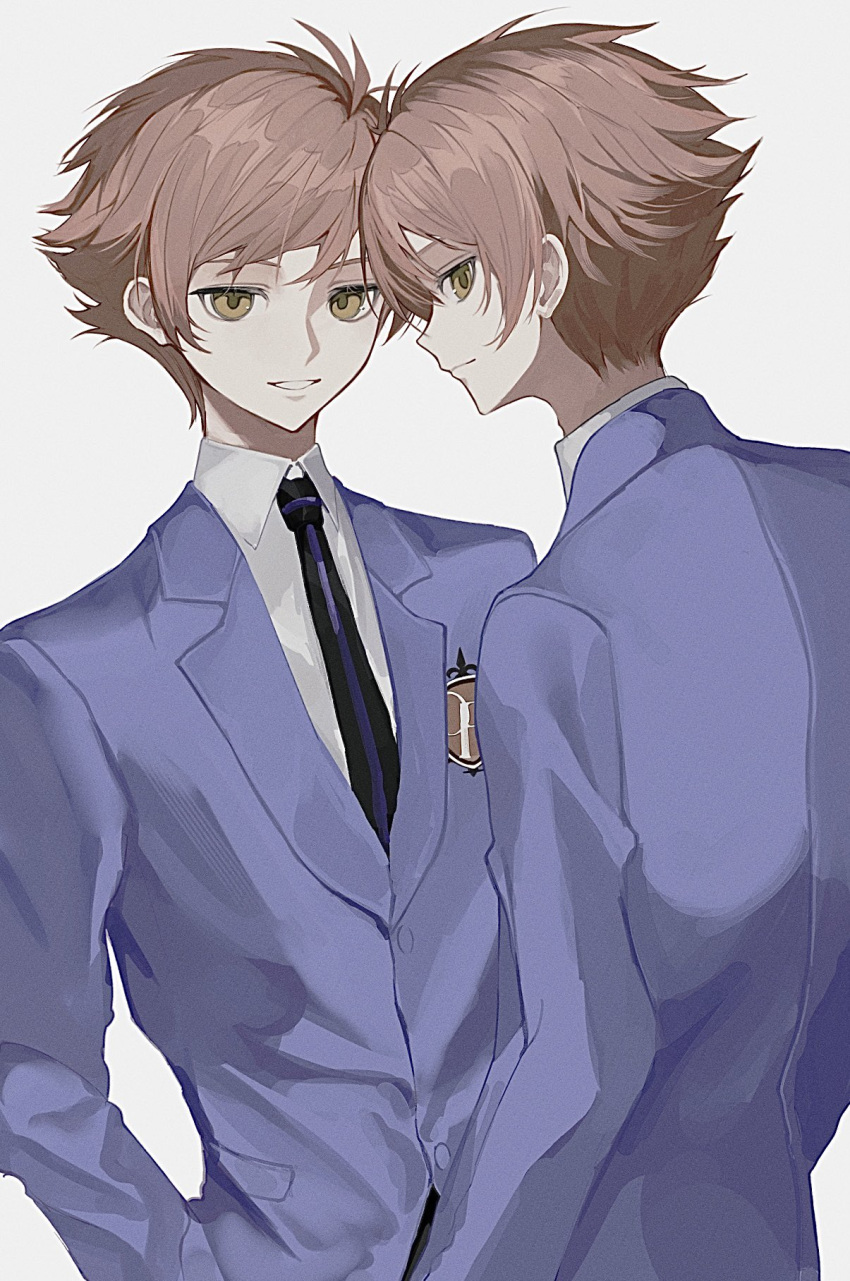 2boys, blazer, blue_jacket, brown_eyes, brown_hair, highres, hitachiin_hikaru, hitachiin_kaoru