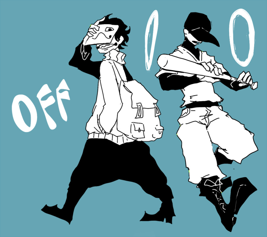 2boys, add-on_(off), arm_up, backpack, bag, baggy_pants, baseball_bat, baseball_cap
