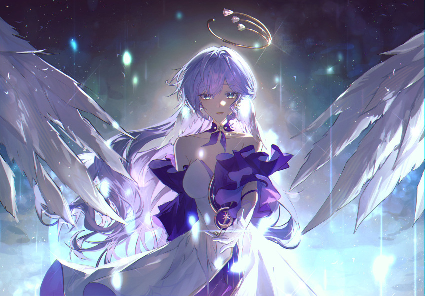1girl, aqua_eyes, bare_shoulders, breasts, collar, commentary, cowboy_shot, detached_sleeves
