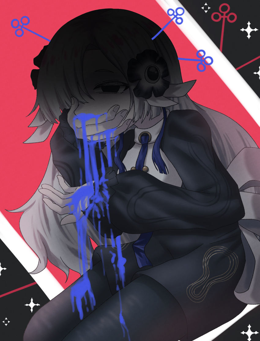 1girl, black_eyes, black_flower, black_jacket, black_pantyhose, blue_hair, commentary_request, covering_own_mouth, ematinn, flower, grey_hair, hair_flower, hair_ornament, hair_over_one_eye, highres, isekaijoucho, jacket, kamitsubaki_studio, long_hair, multicolored_hair, necktie, pantyhose, shorts, solo, two-tone_hair, vomit, vomiting