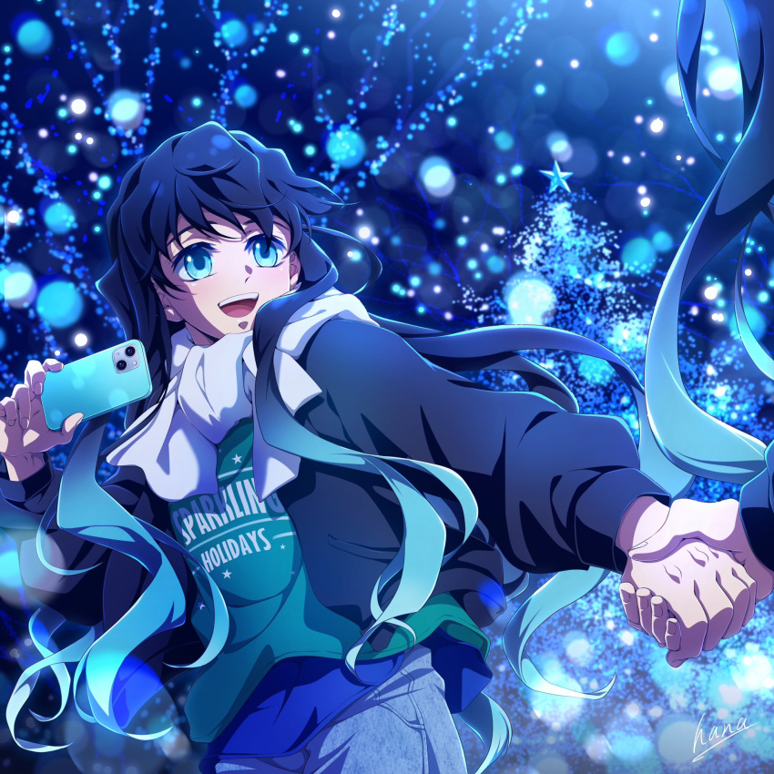 2boys, aqua_eyes, aqua_hair, black_hair, black_jacket, blue_pants, brothers, cellphone