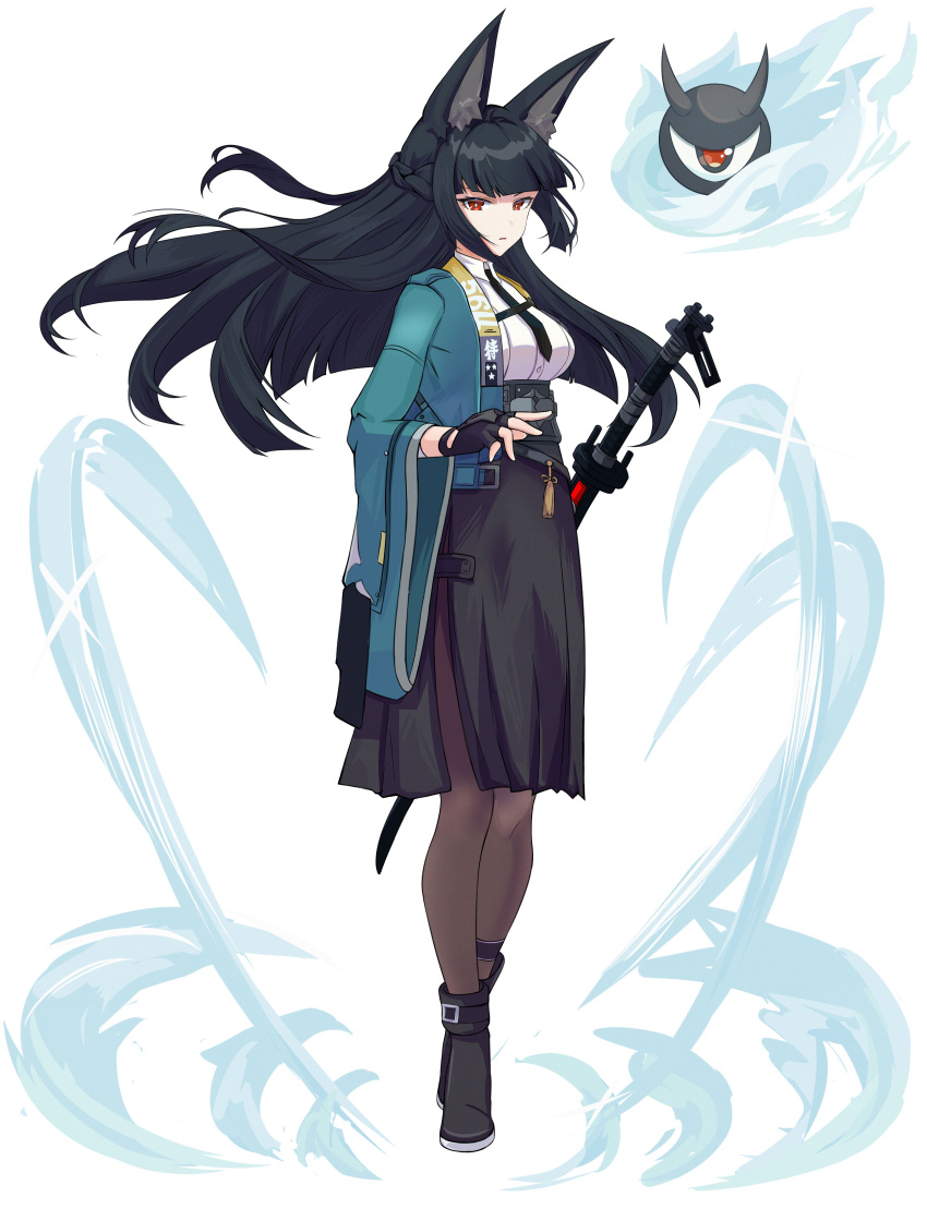 1girl, absurdres, animal_ear_fluff, animal_ears, black_footwear, black_gloves, black_hair, black_skirt