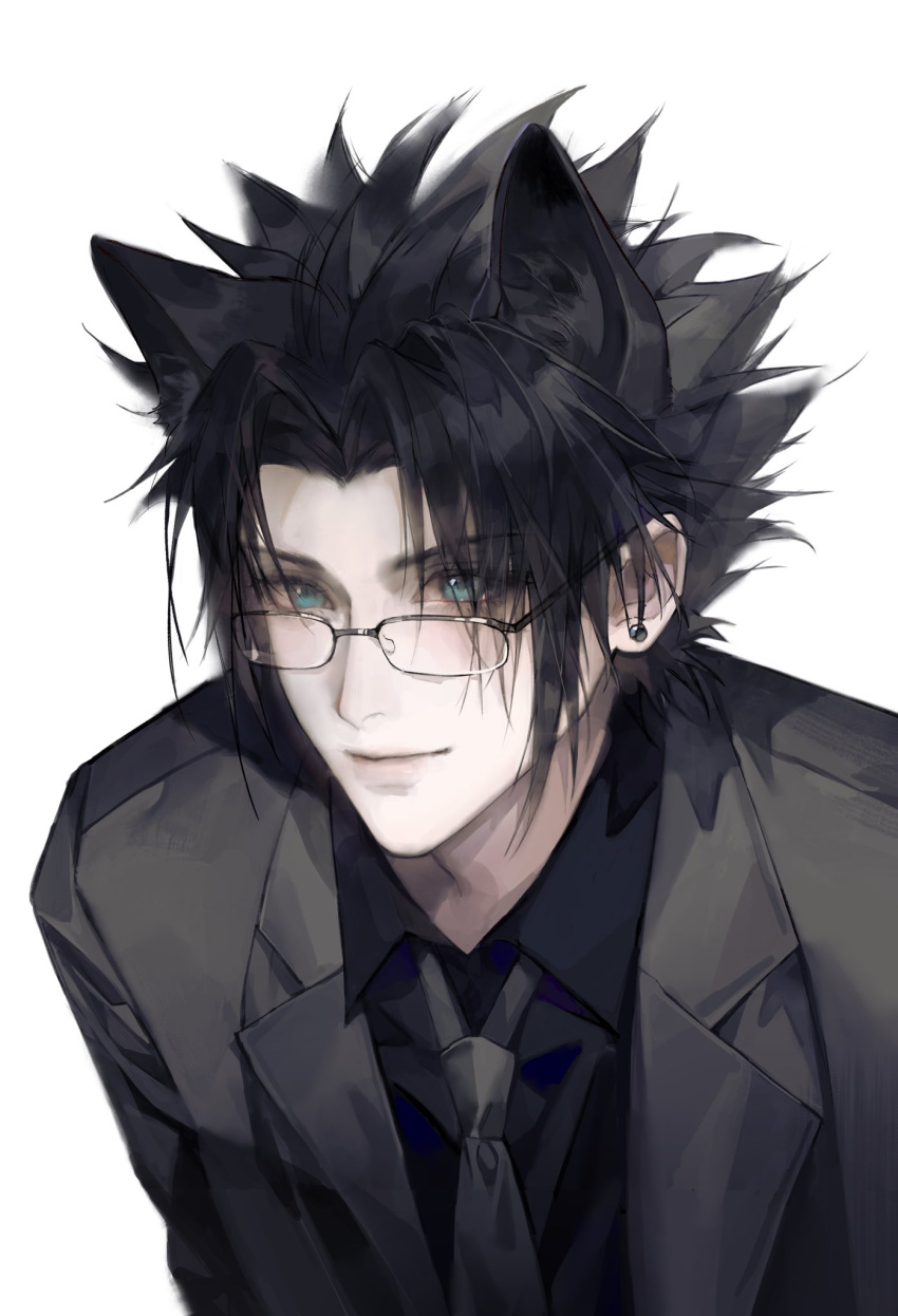1boy, alternate_costume, animal_ears, black_hair, black_jacket, black_necktie, black_shirt, blue_eyes, chengzi_yucol, closed_mouth, collared_shirt, crisis_core_final_fantasy_vii, dog_ears, english_commentary, final_fantasy, final_fantasy_vii, glasses, highres, jacket, leaning_forward, lips, looking_at_viewer, male_focus, necktie, open_clothes, open_jacket, parted_bangs, shirt, short_hair, solo, spiky_hair, suit_jacket, upper_body, white_background, zack_fair