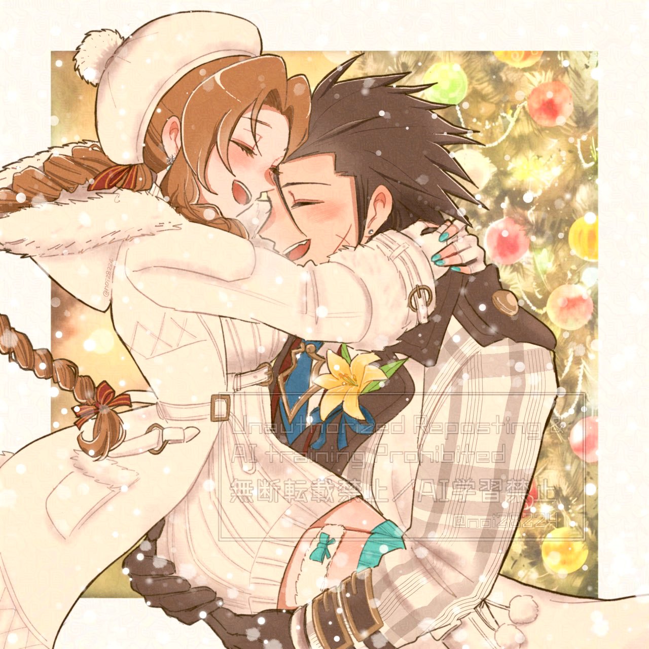 1boy, 1girl, aerith_gainsborough, aerith_gainsborough_(fairy_of_snowfall), aqua_nails, arms_around_neck, black_hair, blue_necktie
