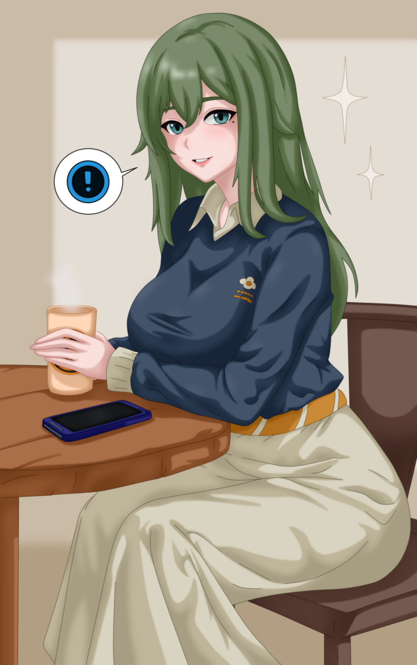 !, 1girl, black_shirt, breasts, cellphone, chair, collared_shirt, cup