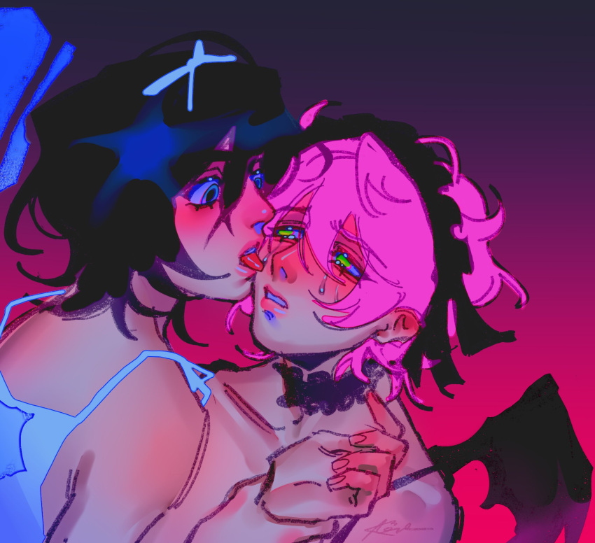 2girls, alien_stage, black_choker, black_hair, black_headdress, blue_eyes, choker, commentary