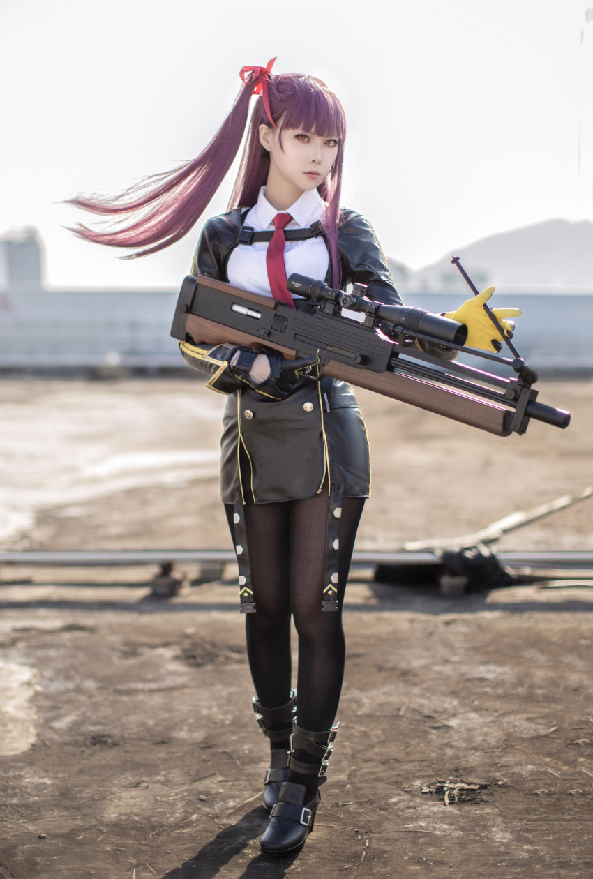 1girl, absurdres, belt, black_footwear, black_jacket, black_pantyhose, black_skirt, blunt_bangs