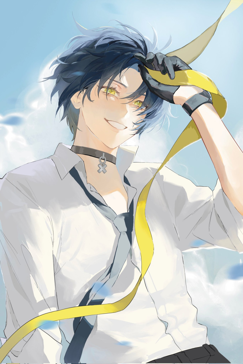 1boy, asaba_harumasa, black_choker, black_gloves, black_hair, black_necktie, black_pants, choker, collared_shirt, commentary, english_commentary, gloves, headband, hhhye_tw, highres, holding_headband, male_focus, necktie, outdoors, pants, parted_bangs, shading_eyes, shirt, short_hair, sleeves_rolled_up, smile, solo, watch, watch, white_shirt, wind, yellow_eyes, yellow_headband, zenless_zone_zero