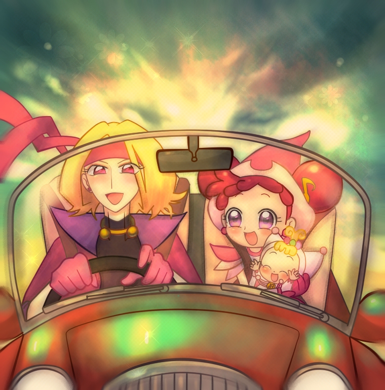 3girls, araragi_natsuki, bandana, blonde_hair, child, driving, harukaze_doremi, hat, long_hair, majo_ran, majoran, makihatayama_hana, multiple_girls, ojamajo_doremi, open_mouth, pink_eyes, red_eyes, red_hair, right-hand_drive, smile, steering_wheel, vehicle