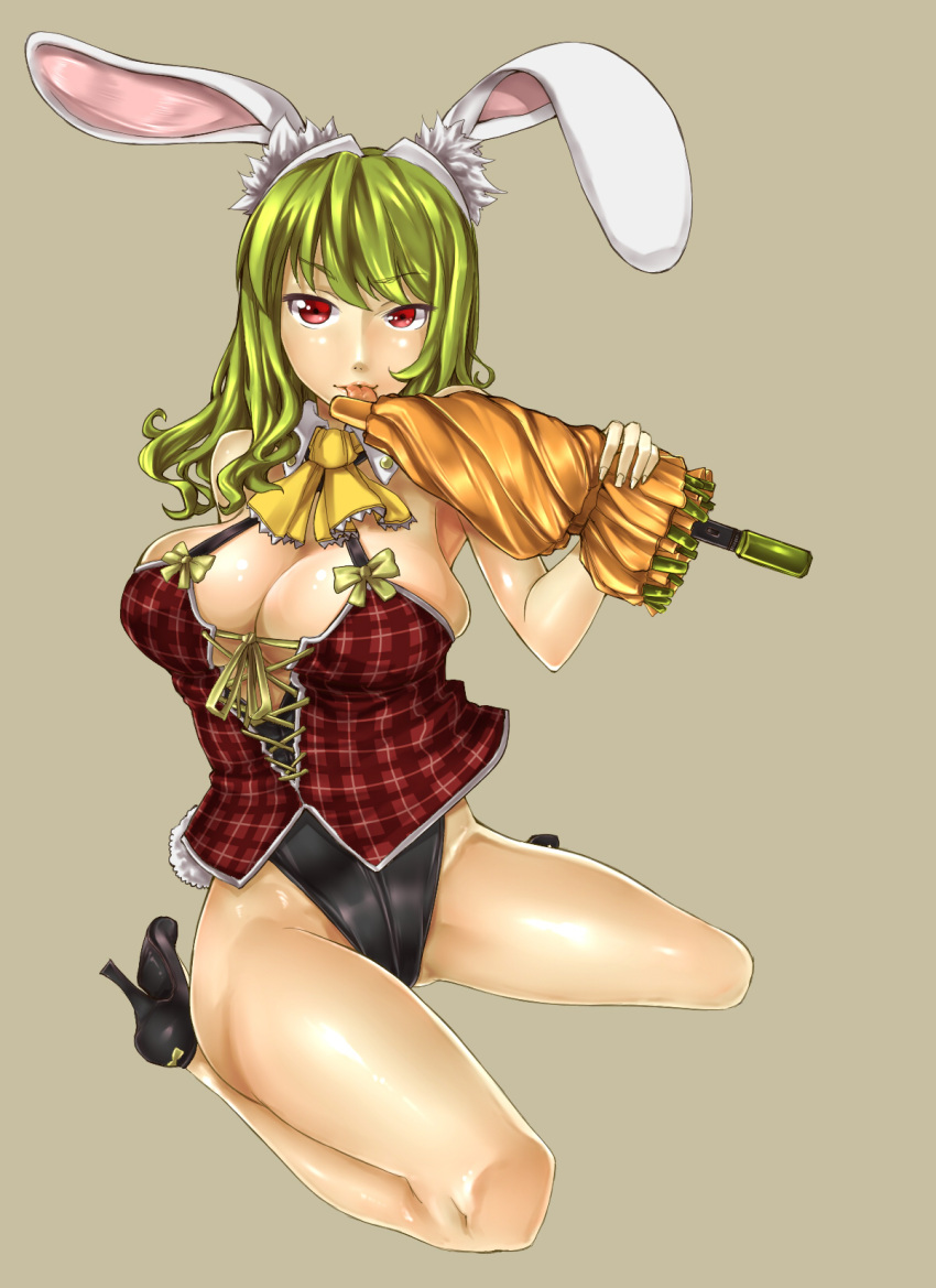 animal_ears, bare_legs, breasts, bunny_ears, bunnysuit, carrot, cleavage, closed_umbrella, green_hair, high_heels, highres, ise_(pixiv), ise_(studio_ibusos), kazami_yuuka, large_breasts, legs, licking, long_hair, plaid, red_eyes, shoes, short_hair, solo, tartan, tongue, touhou, umbrella, youkai