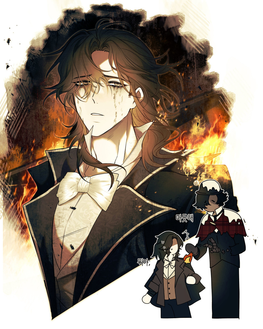 2boys, absurdres, black_coat, black_gloves, black_hair, black_hat, bow, bowler_hat