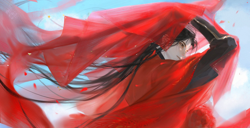 1boy, arms_up, black_hair, brown_eyes, chinese_clothes, chinese_commentary, closed_mouth, day