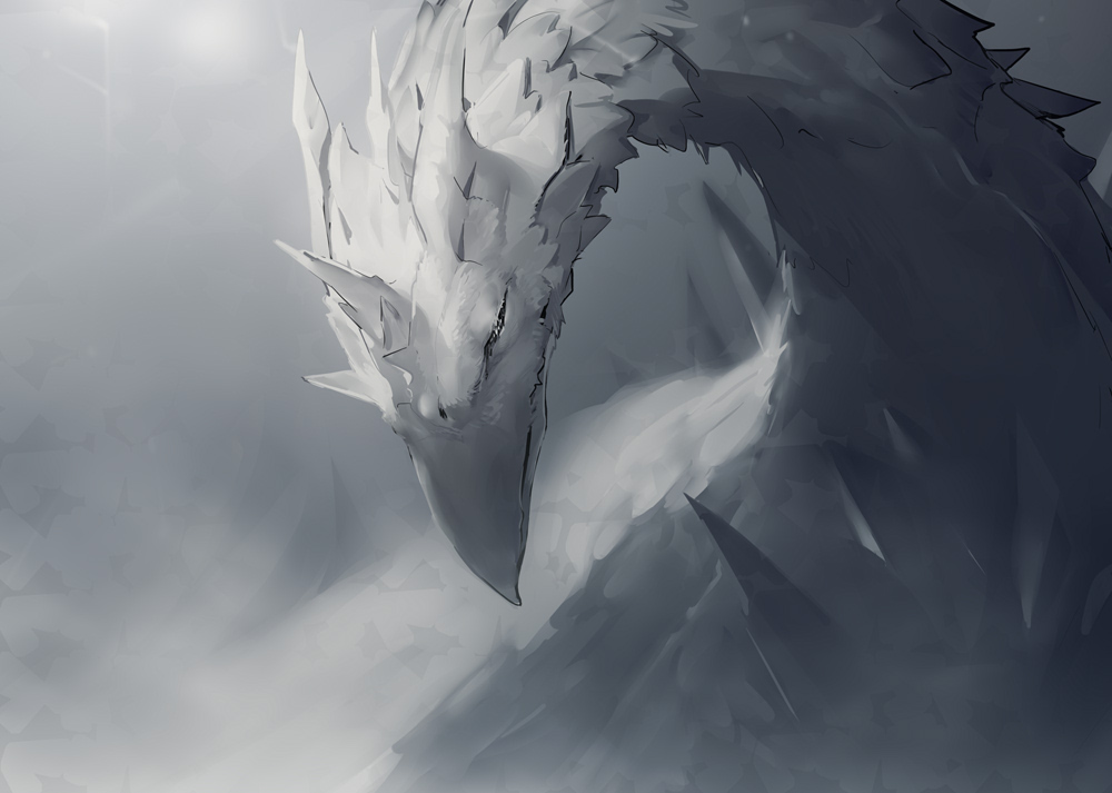 arknights, beak, bird, blurry, closed_eyes, commentary, depth_of_field, from_side, greyscale, melon22, mephisto_(arknights), mephisto_the_singer_(arknights), monochrome, monster, no_humans, solo, translated