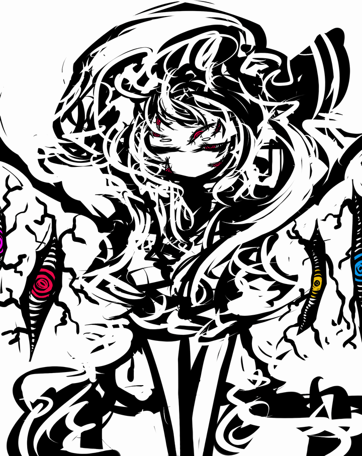 alternate_wings, bad_id, blue_eyes, eyes, f7(eiki), flandre_scarlet, hat, monochrome