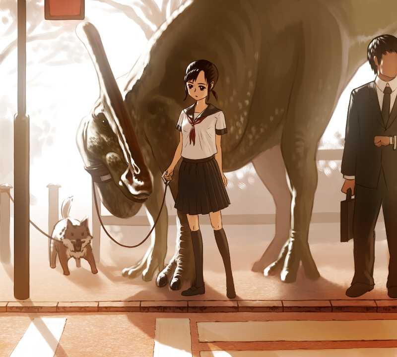 black_eyes, black_hair, crosswalk, dinosaur, dog, faceless, formal, kneehighs, leash, original, parasaurolophs, parasaurolophus, school_uniform, serafuku, skirt, street, suit, sunlight