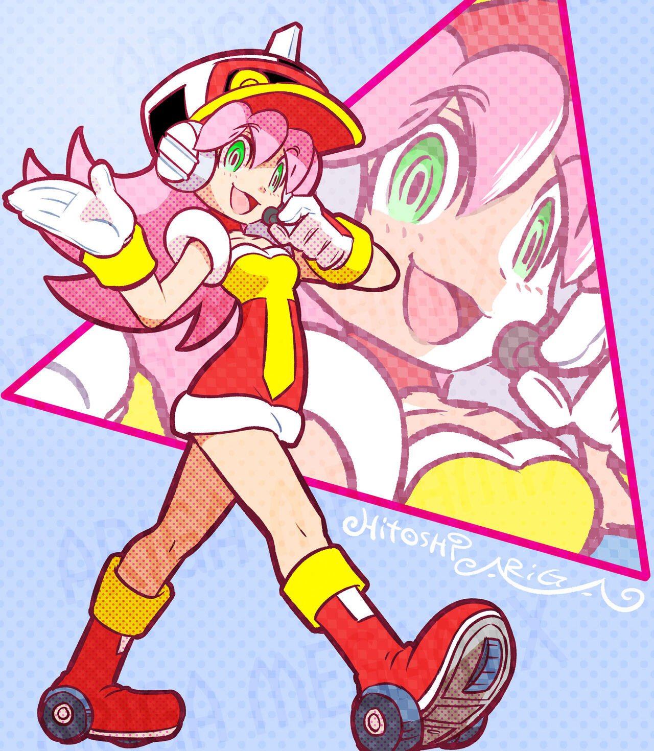 1girl, ?, ahoge, android, ankle_boots, ariga_hitoshi, artist_name, baseball_cap