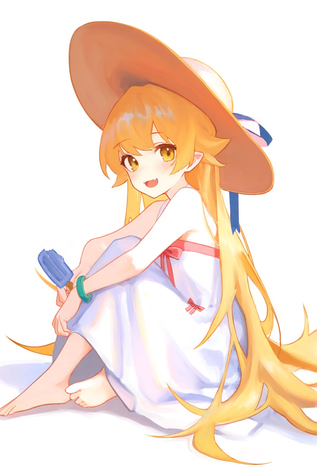 bakemonogatari, bare_shoulders, barefoot, blonde_hair, blue_ribbon, bracelet, colored_eyelashes, commentary