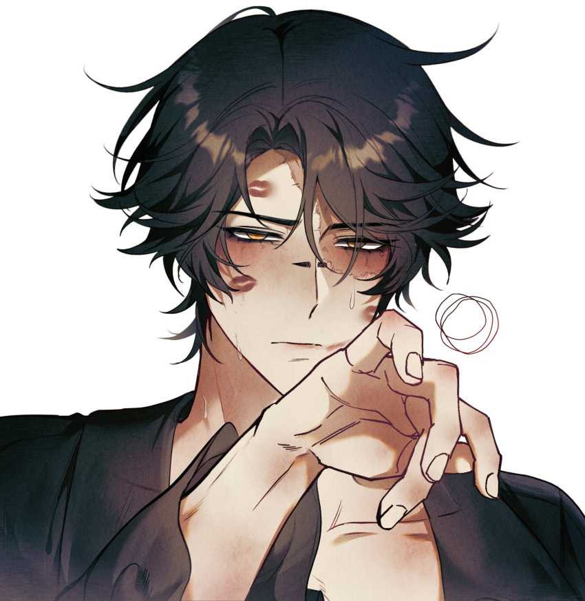 1boy, black_hair, black_shirt, blush, bridge_piercing, burn_scar, cactus_thron, collarbone, hand_on_own_face, highres, identity_v, korean_commentary, lipstick_mark, lipstick_mark_on_face, long_sleeves, looking_at_viewer, male_focus, norton_campbell, norton_campbell_(the_black_tulip), open_clothes, open_shirt, piercing, scar, scar_on_face, shirt, short_hair, solo, squiggle, sweat, upper_body, white_background, yellow_eyes