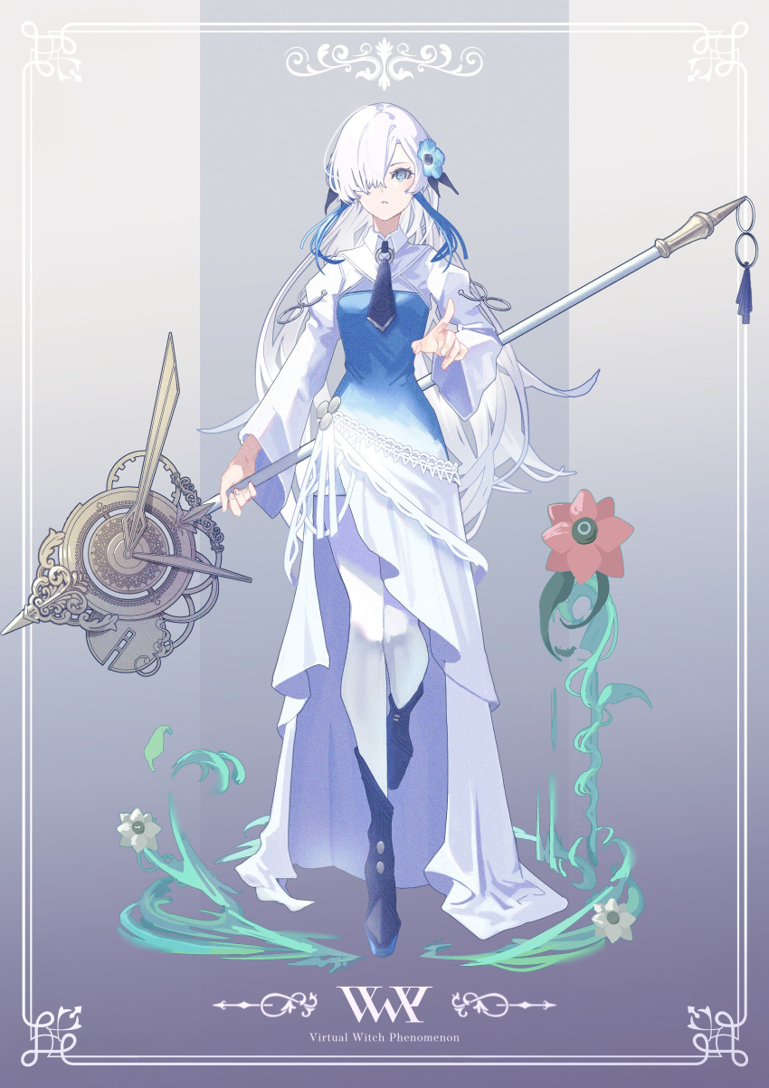 1girl, absurdres, adapted_costume, blue_eyes, blue_hair, boots, dress, flower