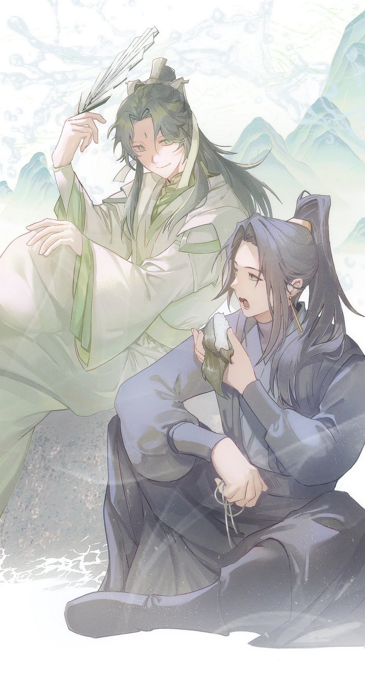2boys, arm_on_knee, black_eyes, black_footwear, black_hair, black_hanfu, boots, chinese_clothes