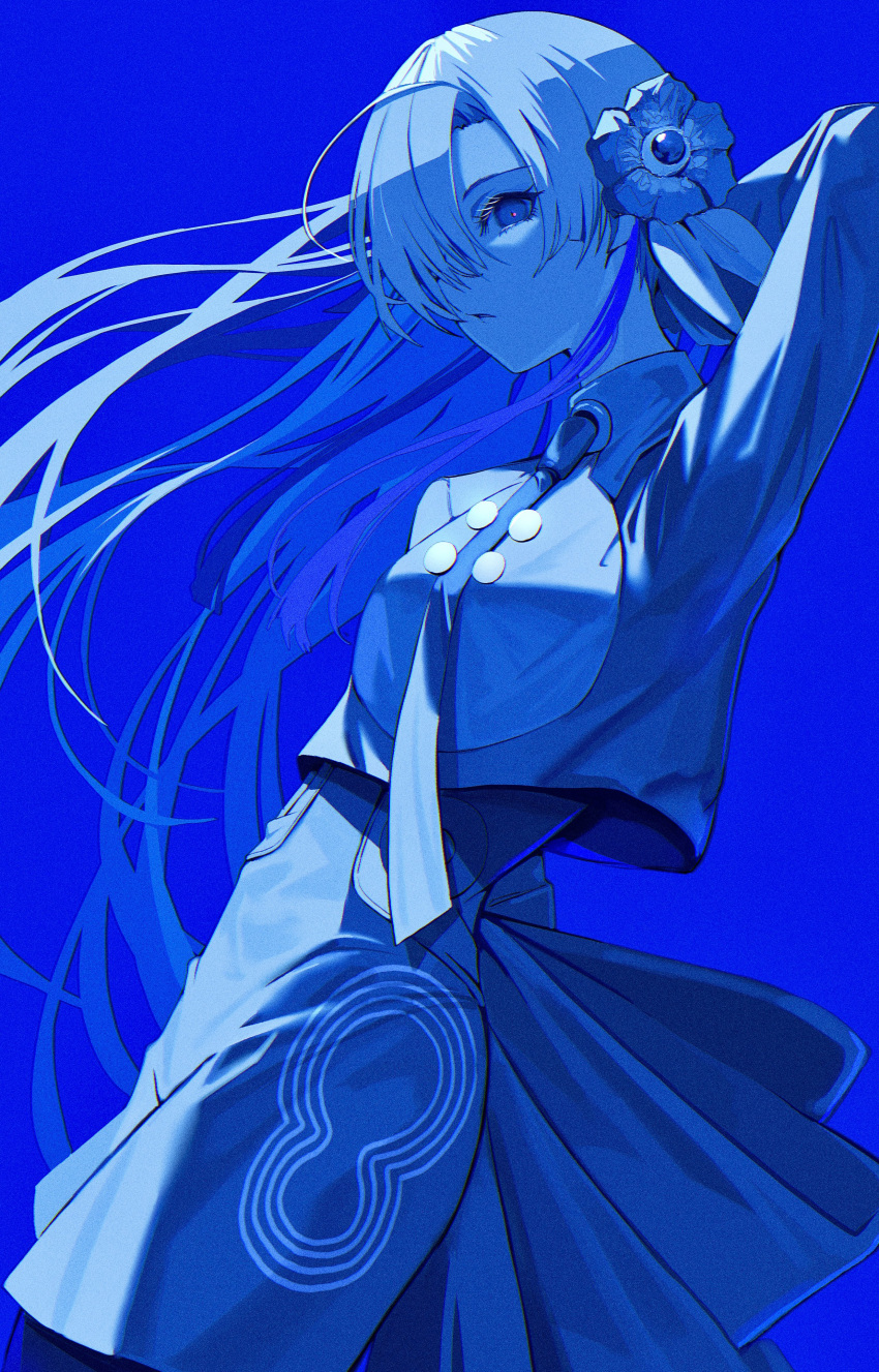 1girl, absurdres, arm_up, blue_background, blue_theme, flower, hair_flower, hair_ornament