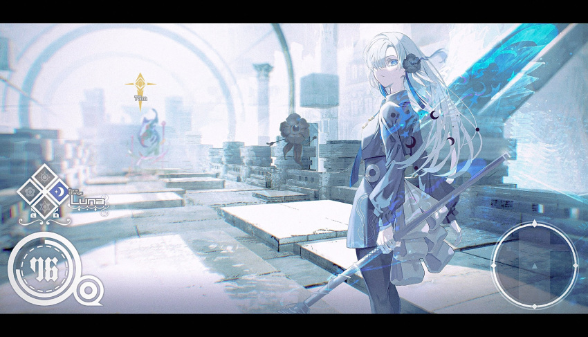 1girl, black_flower, black_pantyhose, blue_eyes, blue_hair, fake_screenshot, familiar, flower
