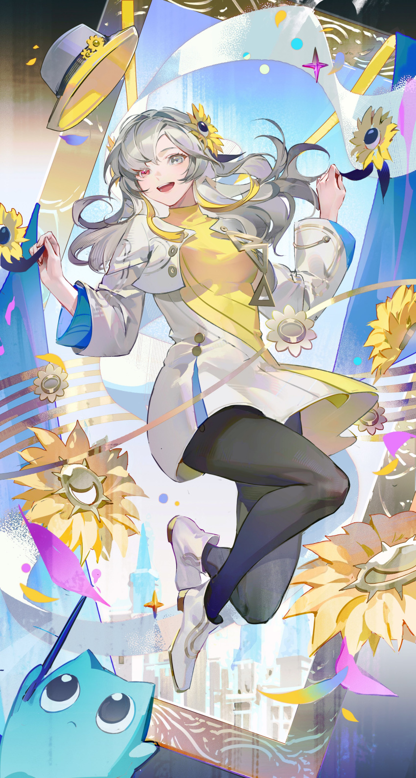 1girl, absurdres, black_pantyhose, blonde_hair, blush, flower, full_body, gomidasu_(kamitsubaki_studio), grey_eyes, grey_hair, hair_flower, hair_ornament, hair_over_one_eye, heterochromia, highres, isekaijoucho, kamitsubaki_studio, long_hair, multicolored_hair, open_mouth, pantyhose, red_eyes, smile, solo, sunflower, two-tone_hair, zhongmu