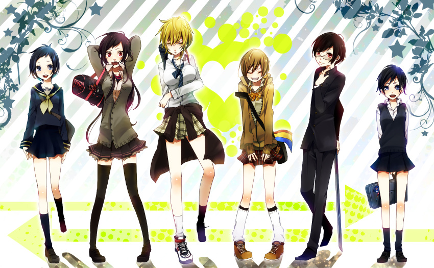 bag, black_hair, blonde_hair, blue_eyes, closed_eyes, durarara!!, genderswap, glasses