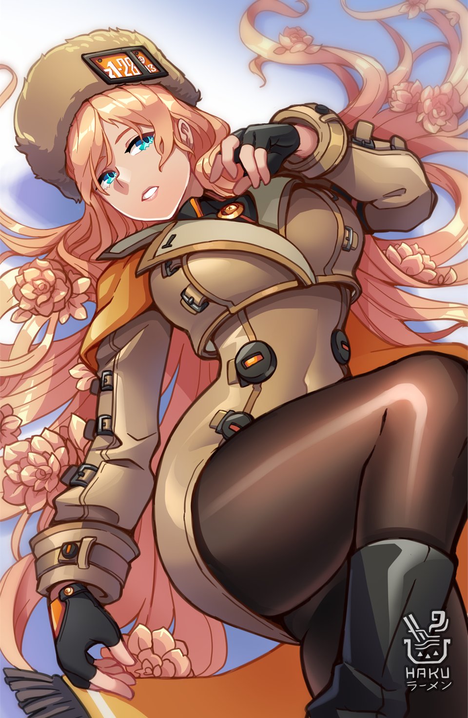 1girl, black_gloves, blonde_hair, breasts, brown_hat, flower, fur_hat, gloves