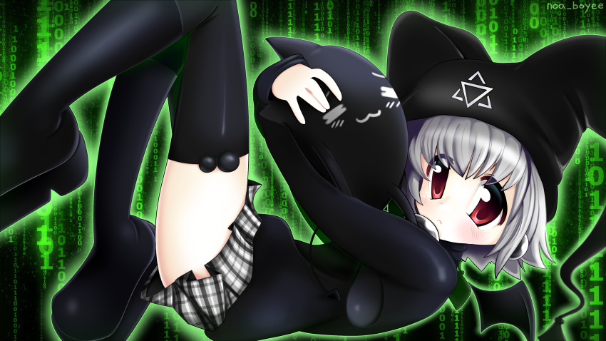 bat_wings, black_boots, full_body, grey_hair, mayura, noa_boyee, plaid_skirt, red_eyes