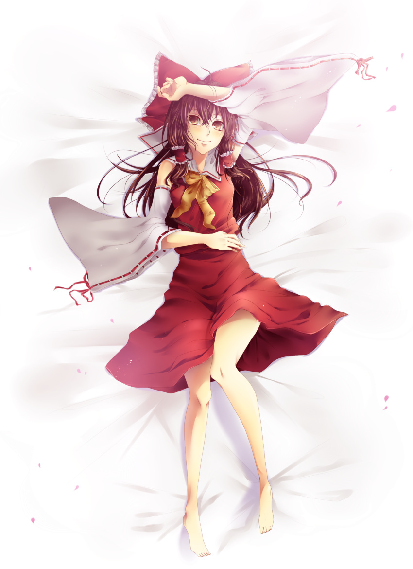 absurdres, amese_hiyori, arm_up, barefoot, bow, brown_eyes, brown_hair, detached_sleeves