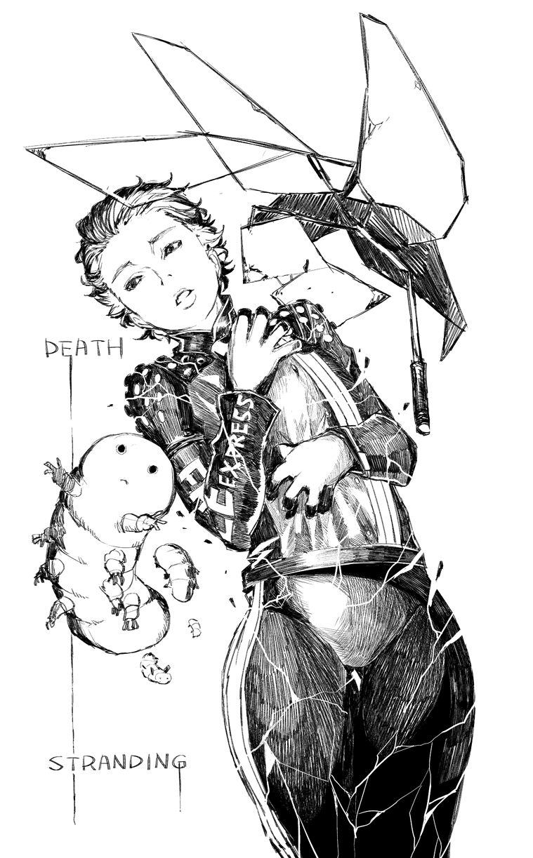 1girl, bodysuit, commentary_request, copyright_name, cryptobiote, death_stranding, fragile_(death_stranding), greyscale