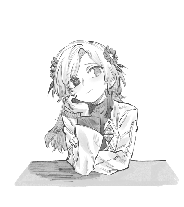 1girl, flower, greyscale, hair_flower, hair_ornament, heterochromia, isekaijoucho, jacket, kamitsubaki_studio, long_hair, mismatched_pupils, monochrome, nolu_(kkudoku), sitting, smile, solo, upper_body