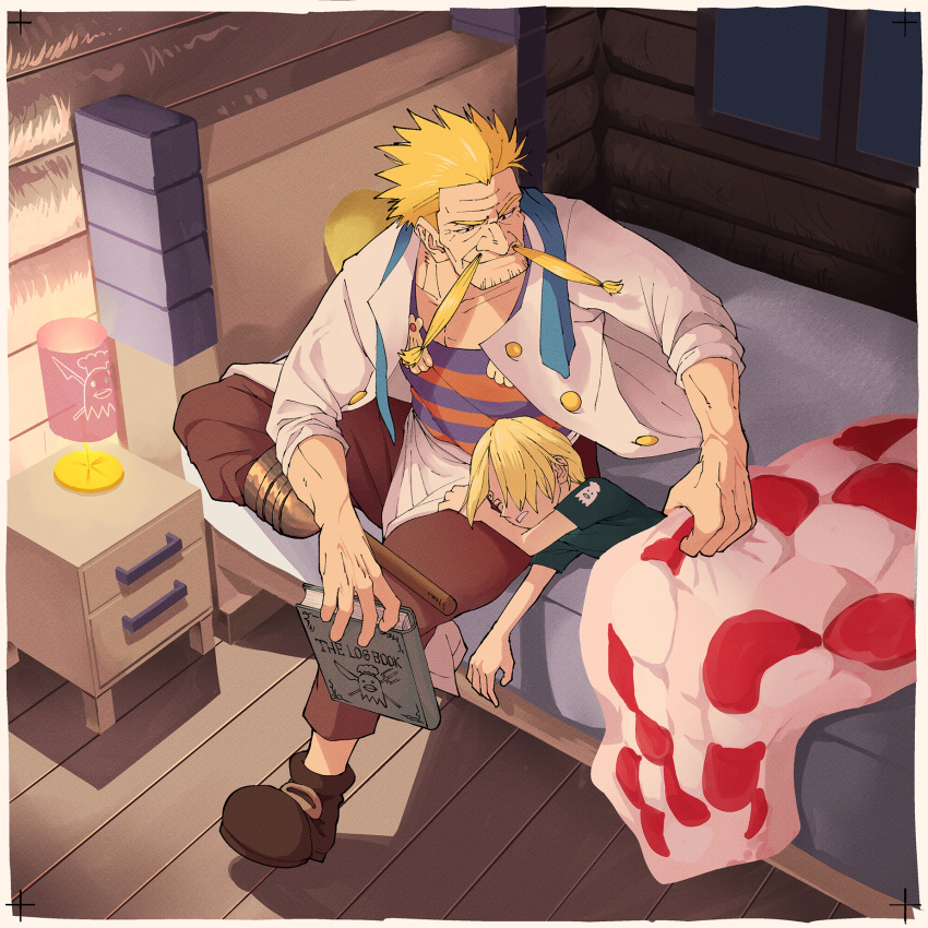 2boys, beard_stubble, bed, blonde_hair, chef, cookbook, covering_with_blanket, drawer