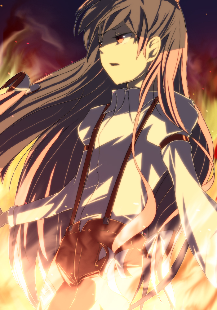 anime_coloring, fire, flat_gaze, from_below, fujiwara_no_mokou, long_hair, looking_away, open_mouth