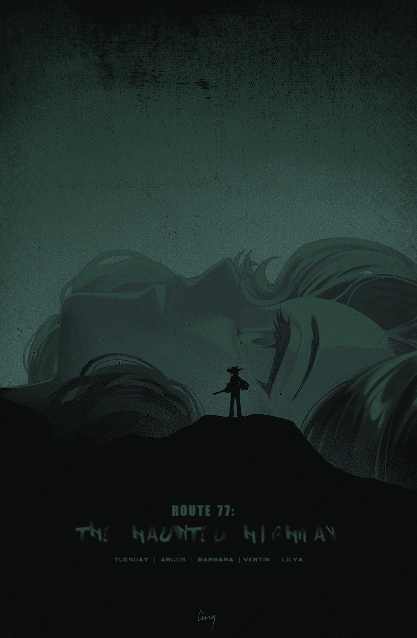 2girls, argus_(reverse:1999), artist_name, character_name, english_text, eyelashes, giant, giantess, green_theme, gun, highres, hill, holding, holding_gun, holding_weapon, ling_(chaaaaanhikari), monochrome, multiple_girls, parody, portrait, poster_parody, profile, reverse:1999, rifle, rosemary's_baby, short_hair, signature, silhouette, standing, tuesday_(reverse:1999), weapon