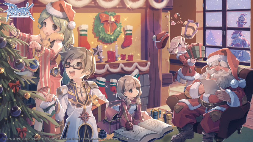 1other, 3boys, 3girls, :3, animal_around_neck, antonio_(ragnarok_online), bangle, bell, black-framed_eyewear, black_coat, black_footwear, blonde_hair, blush, boots, box, bracelet, brown_eyes, brown_gloves, brown_hair, brown_jacket, candle, christmas, christmas_stocking, christmas_tree, closed_mouth, coat, copyright_notice, cross, cross_necklace, cross_of_prontera, detached_sleeves, dress, expressionless, eyepatch, fireplace, fox, full_body, fur-trimmed_coat, fur-trimmed_dress, fur_trim, gift, gift_box, glasses, gloves, gold_trim, green_hair, hair_over_shoulder, hat, high_priest_(ragnarok_online), highres, holding, holding_quill, hook_hand, indoors, jack-o'-lantern, jacket, jakk_(ragnarok_online), jewelry, logo, long_hair, long_sleeves, looking_at_another, looking_to_the_side, louise_(ragnarok_online), medium_hair, merchant_(ragnarok_online), multicolored_coat, multiple_boys, multiple_girls, necklace, official_art, official_wallpaper, open_mouth, pants, pink_dress, pink_sleeves, pom_pom_(clothes), poring, professor_(ragnarok_online), quill, ragnarok_online, red_coat, red_dress, red_hat, red_pants, santa_claus, santa_hat, shirt, short_hair, sleeveless, sleeveless_dress, slime_(creature), smile, snow, snowing, sparkle, standing, striped_sleeves, taroyama, thick_eyebrows, two-tone_coat, white_coat, white_shirt, white_sleeves, window, wreath, writing