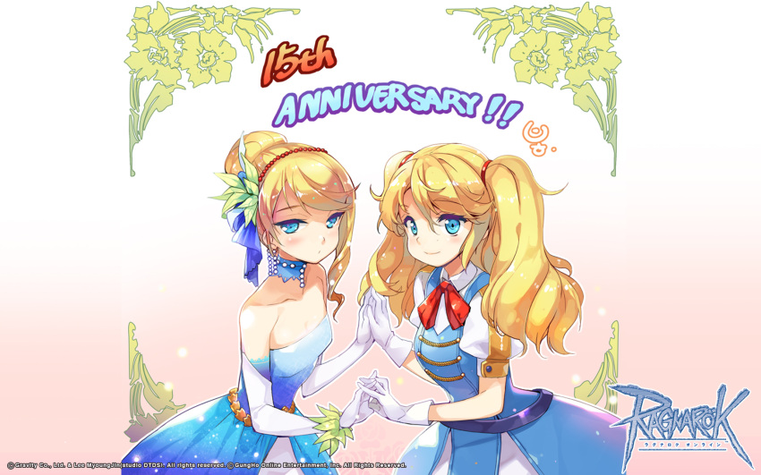 2girls, anniversary, blonde_hair, blue_bow, blue_dress, blue_eyes, blue_sleeves, blush