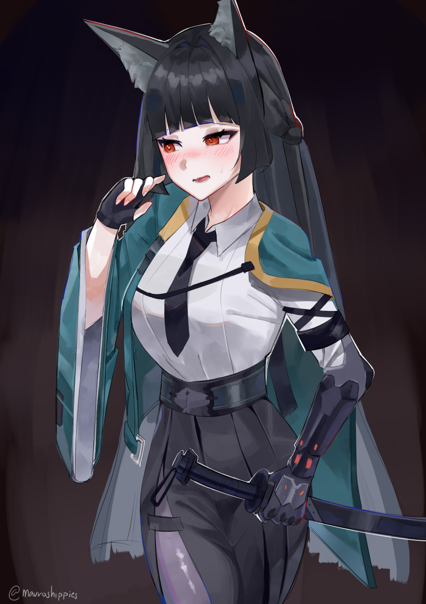 absurdres, animal_ears, black_hair, blue_coat, blush, coat, fox_ears, highres