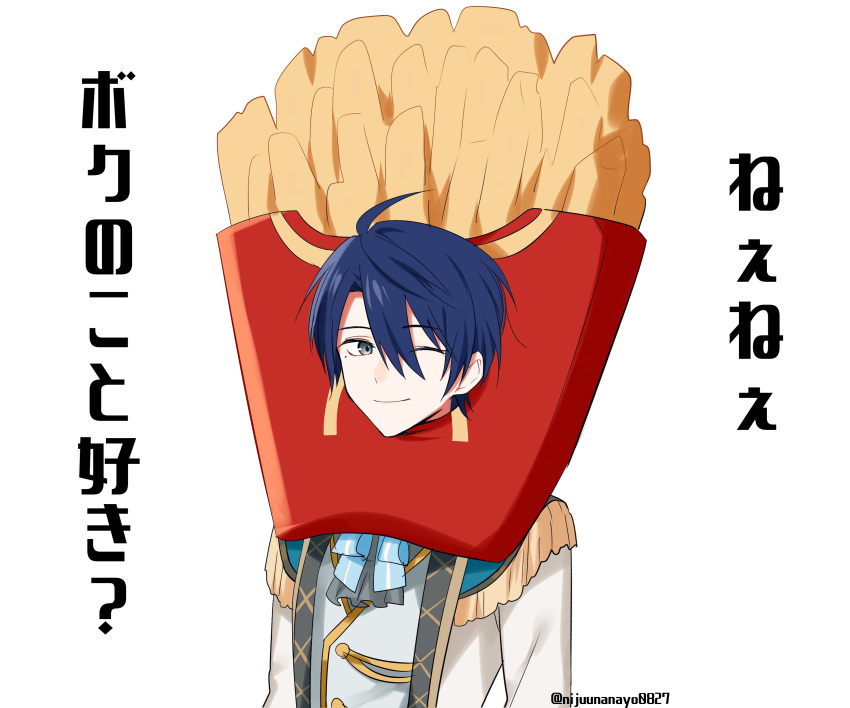 1boy, ;), absurdres, ahoge, blue_bow, blue_hair, bow, french_fry_costume