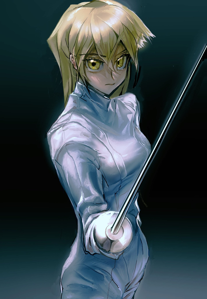 1girl, arm_at_side, blonde_hair, brown_eyes, facing_to_the_side, fencing_suit, foil_(fencing), gloves