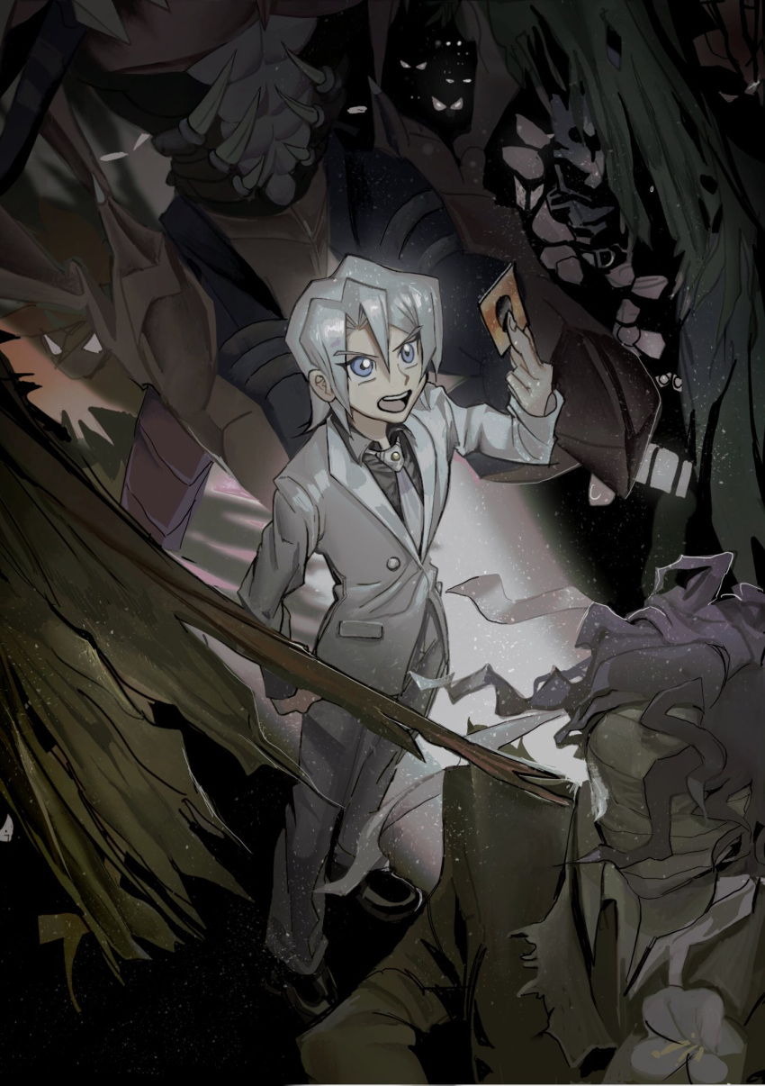 1boy, bandages, black_footwear, black_shirt, blue_eyes, card, character_request, demon_wings