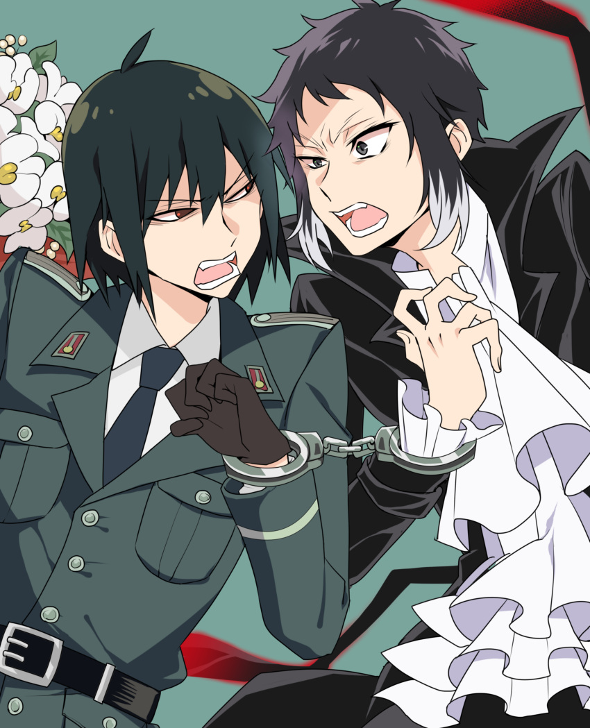 2boys, absurdres, akutagawa_ryuunosuke_(bungou_stray_dogs), ascot, belt, black_belt, black_gloves, black_hair