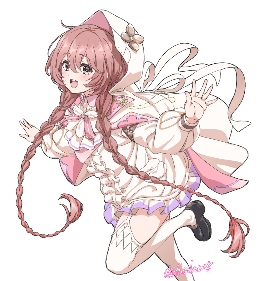 1girl, :d, absurdres, amayui_moka, artist_name, braid, brown_eyes, cloak
